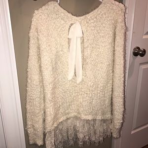 Fuzzy Cream Lace Bow Sweater